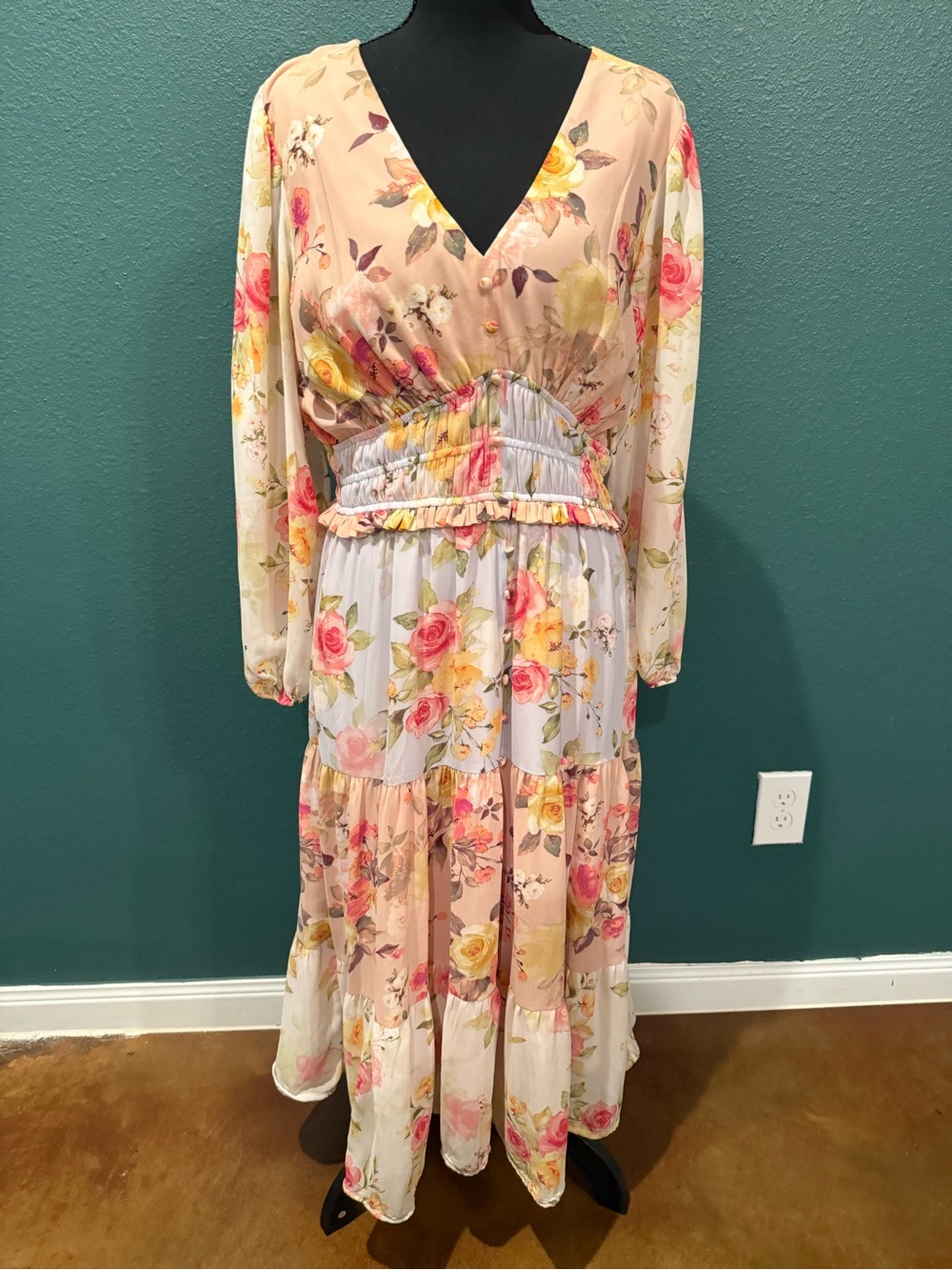 Floral V-Neck Maxi Dress in Pink, Yellow & Cream